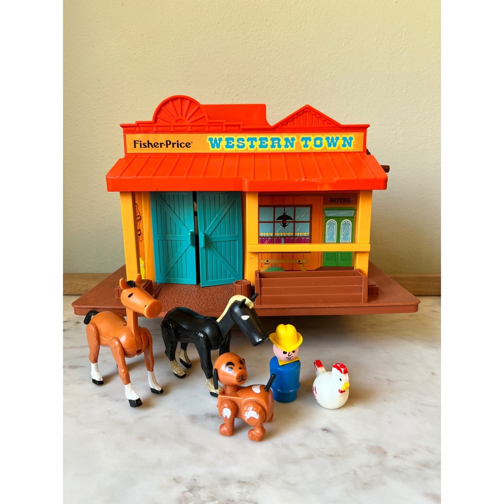 Vintage Fisher Price Western Town 1982 #934 with Animals and Figure